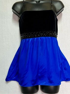 Vintage Boston Proper Silk Velvet Beaded Y2K Fairy Babydoll Top Blue Black Party